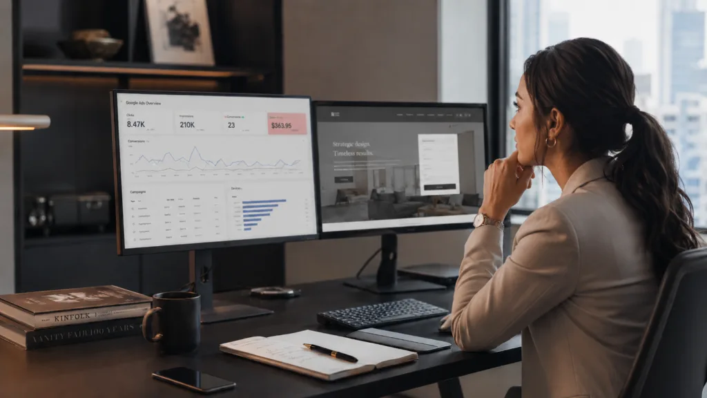 Marketing strategist reviewing dental website conversion performance on analytics dashboards
