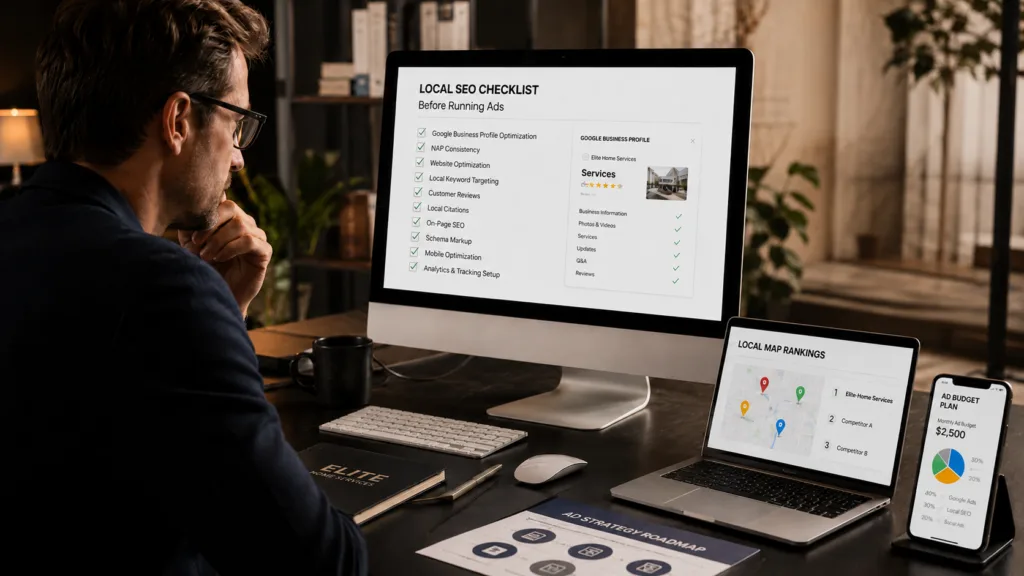Marketing strategist reviewing a dental local SEO checklist before increasing ad spend