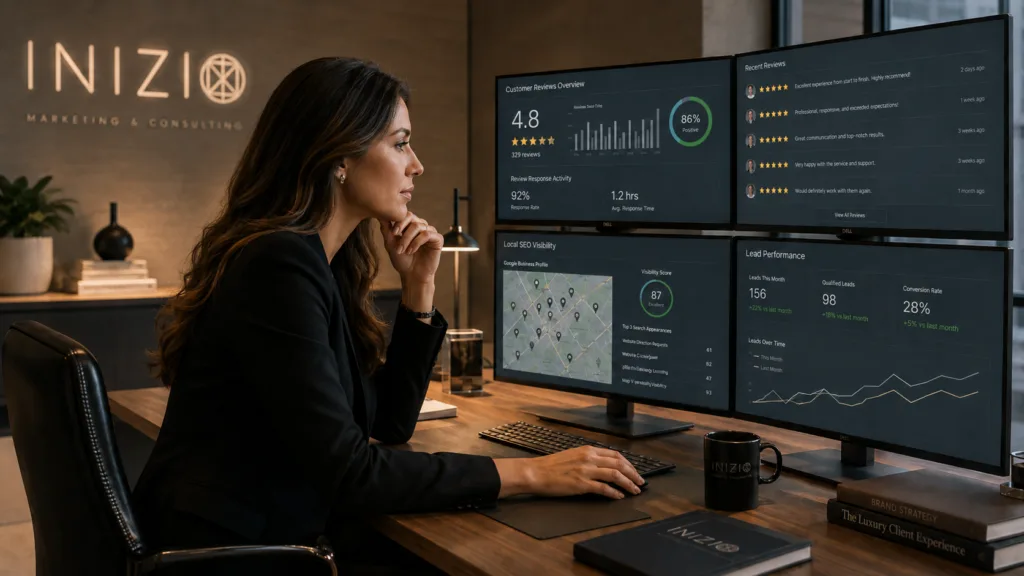 Service business owner reviewing customer reviews and local SEO performance