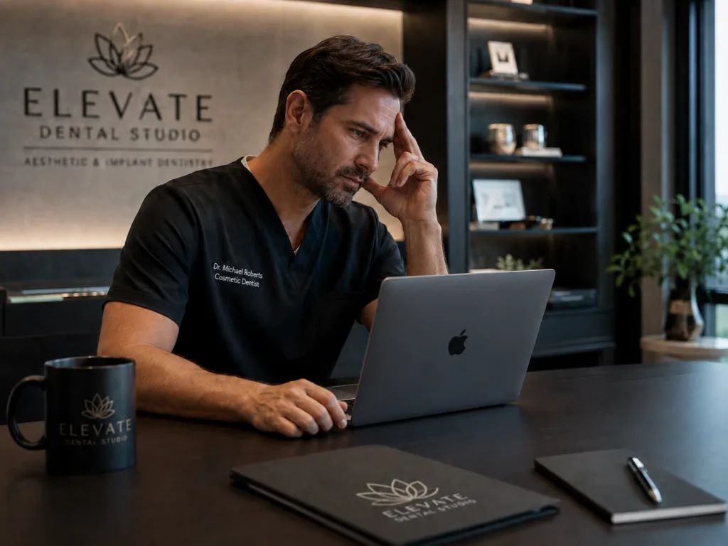 Dentist reviewing dental website performance and new patient growth issues