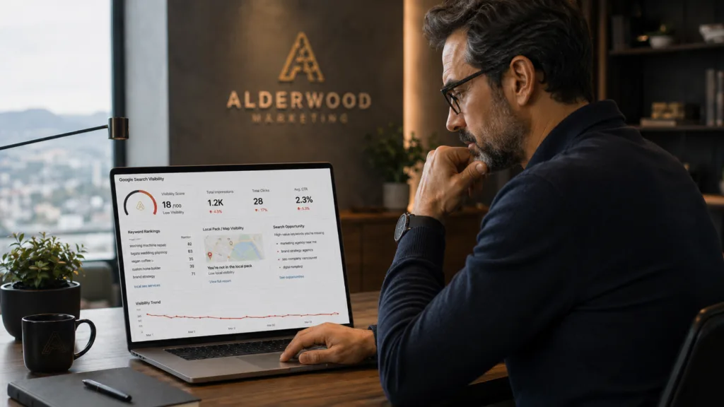 Business owner reviewing Google visibility and local SEO performance report